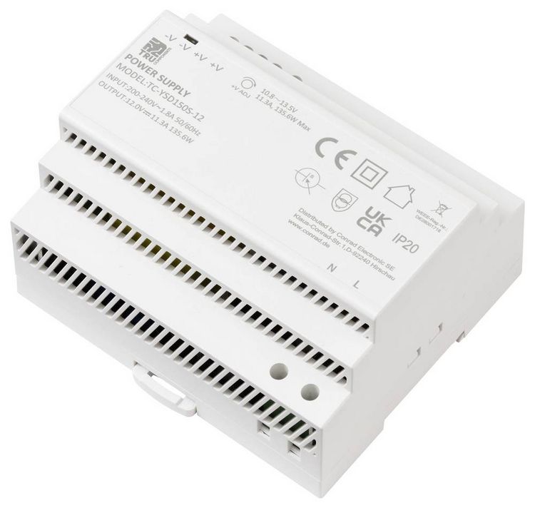 Produktbild: TRU COMPONENTS TC-13710892 Hutschienen-Netzteil (DIN-Rail) Verbrauch (StandBy) 0.3 W 12 V/DC 11.3 A 135.6 W Anzahl Ausg&auml;nge:1 x Inhalt 1 St.