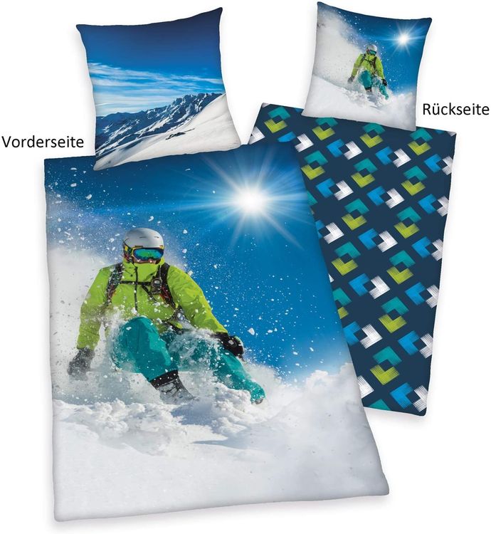 Produktbild: Herding 4459251050 - Young Collection, Ski Fahrer, Bettw&auml;sche-Set, Cotton, blau, 80x80cm, 135x200cm