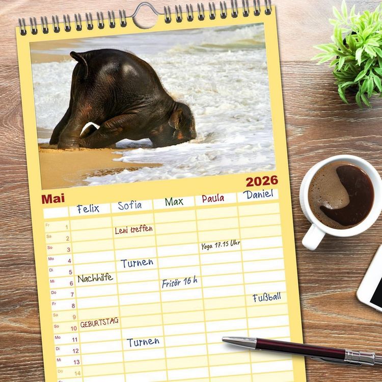 Produktbild: Familienplaner 2026 - Elefanten. Badespa&szlig; am Strand mit 5 Spalten (Wandkalender, 21 x 45 cm) CALVENDO