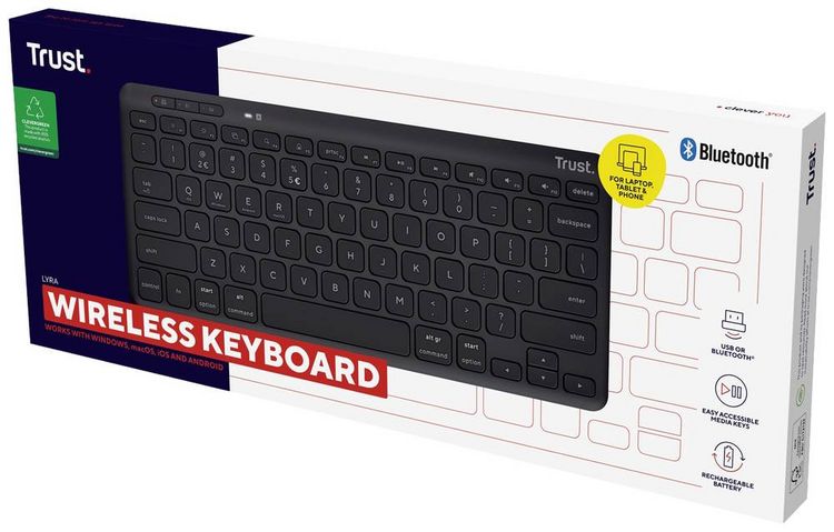 Produktbild: Trust Lyra Compact Bluetooth&reg;, Funk Tastatur Deutsch, QWERTZ Schwarz Wiederaufladbar, Ger&auml;uscharme Tasten, Spritzwassergesch&uuml;tzt, Multimediatasten