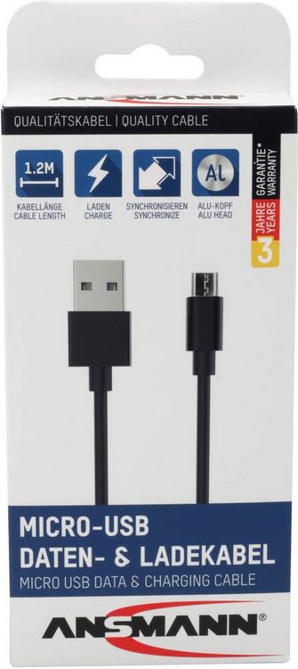 Produktbild: Ansmann USB-Kabel USB 2.0 USB-A Stecker, USB-Micro-B Stecker 1.20 m Schwarz Aluminium-Stecker, TPE-Mantel 1700-0076