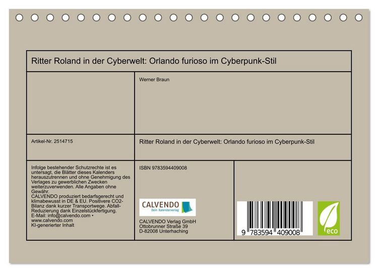 Produktbild: Ritter Roland in der Cyberwelt: Orlando furioso im Cyberpunk-Stil (Tischkalender 2027 DIN A5 quer), CALVENDO Monatskalender