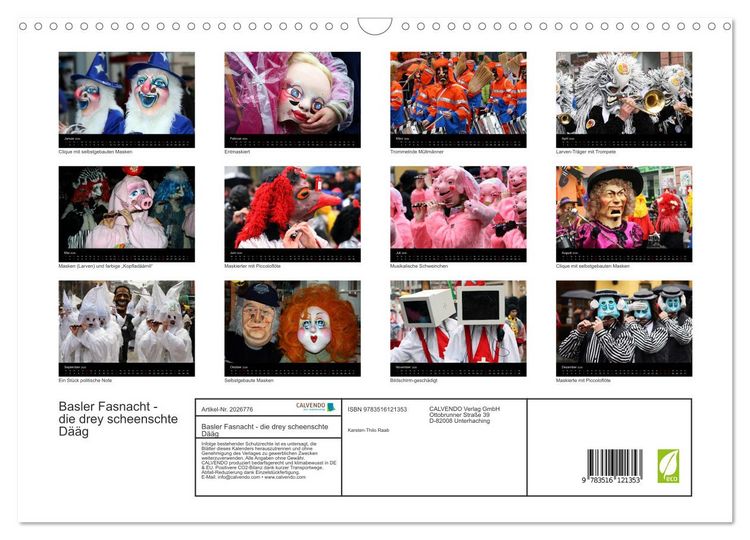 Produktbild: Basler Fasnacht - die drey scheenschte D&auml;&auml;g (Wandkalender 2026 DIN A3 quer), CALVENDO Monatskalender