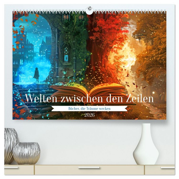 Produktbild: Welten zwischen den Zeilen - B&uuml;cher, die Tr&auml;ume wecken (hochwertiger Premium Wandkalender 2026 DIN A2 quer), Kunstdruck in Hochglanz