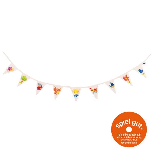 Produktbild: Goki 58636 - F&auml;hnchen-Girlande mit 9 Wimpfeln unbemalt, Baumwolle Fair Trade, 110x9,5cm