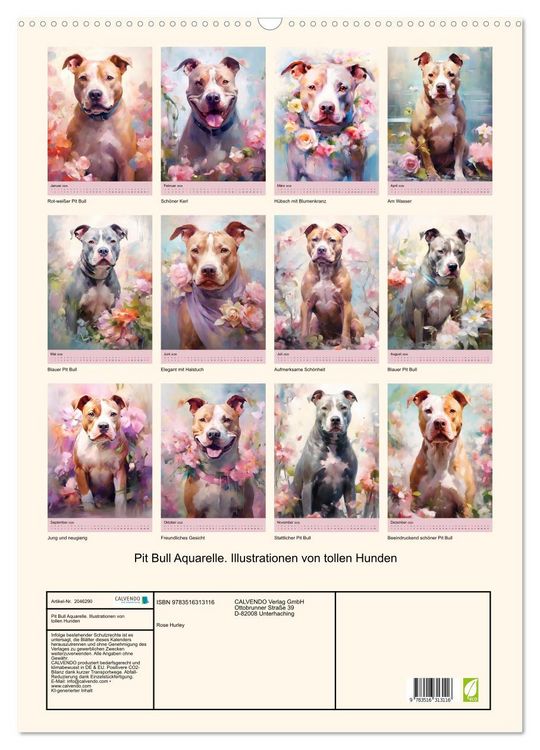 Produktbild: Pit Bull Aquarelle. Illustrationen von tollen Hunden (Wandkalender 2026 DIN A2 hoch), CALVENDO Monatskalender