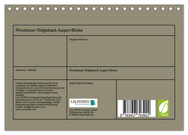 Produktbild: Rhodesian Ridgeback Augen-Blicke (Tischkalender 2026 DIN A5 quer), CALVENDO Monatskalender