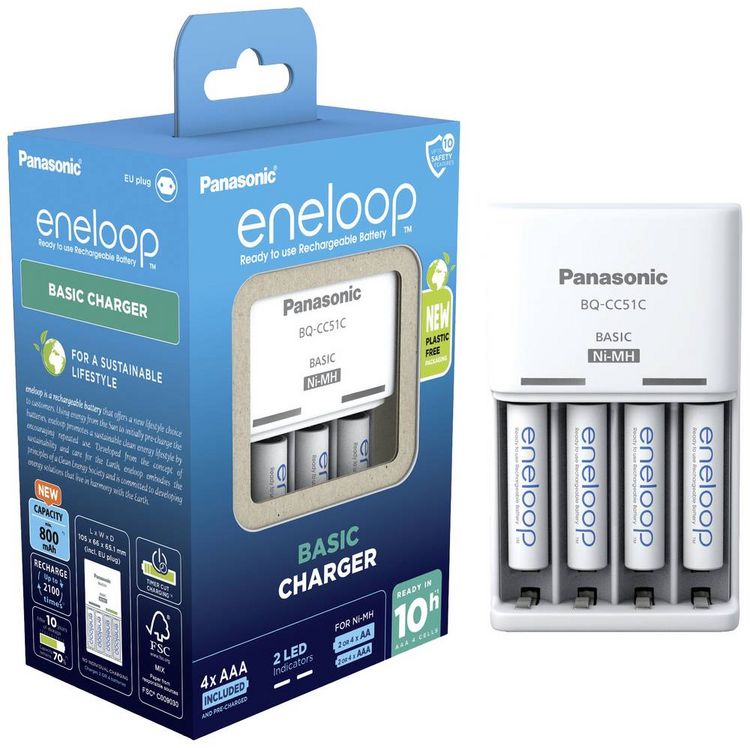 Produktbild: Panasonic Basic BQ-CC51 + 4x eneloop AAA Steckerladerger&auml;t NiMH Micro (AAA), Mignon (AA)