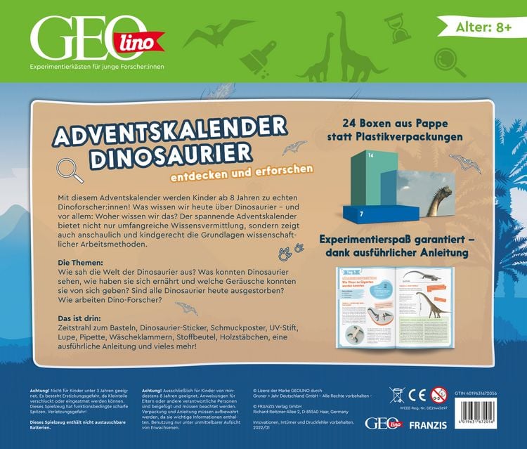Produktbild: FRANZIS 67205 - GEOlino Adventskalender Dinosaurier - entdecken und erforschen. 24 spannende Experimente f&uuml;r die Weihnachtszeit, f&uuml;r Kinder ab 8 Jahren.