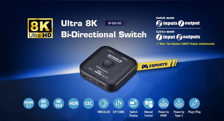 Produktbild: SpeaKa Professional SP-11990132 2 Port HDMI-Switch UHD 8K @ 60 Hz bidirektional verwendbar 7680 x 4320 Pixel