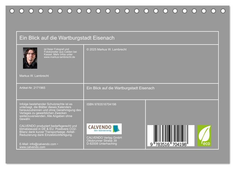 Produktbild: Ein Blick auf die Wartburgstadt Eisenach (Tischkalender 2026 DIN A5 quer), CALVENDO Monatskalender