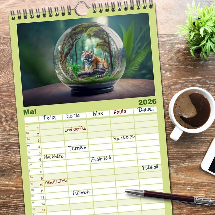 Produktbild: Familienplaner 2026 - Miniaturwelt in der Glaskugel mit 5 Spalten (Wandkalender, 21 x 45 cm) CALVENDO