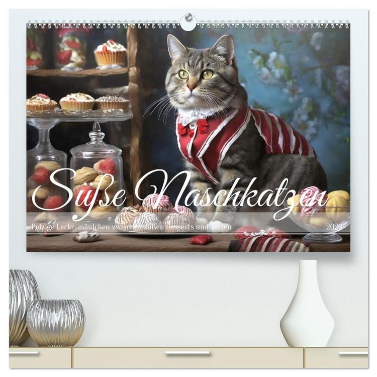 Produktbild: S&uuml;&szlig;e Naschkatzen - Pelzige Leckerm&auml;ulchen zwischen s&uuml;&szlig;en Desserts und Torten (hochwertiger Premium Wandkalender 2026 DIN A2 quer), Kunstdruck in Hochglanz