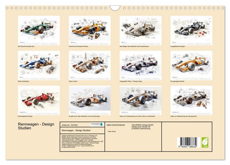 Produktbild: Rennwagen - Design Studien (Wandkalender 2026 DIN A3 quer), CALVENDO Monatskalender