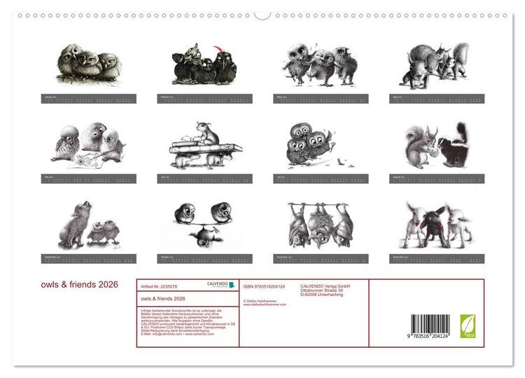 Produktbild: owls & friends 2026 (hochwertiger Premium Wandkalender 2026 DIN A2 quer), Kunstdruck in Hochglanz