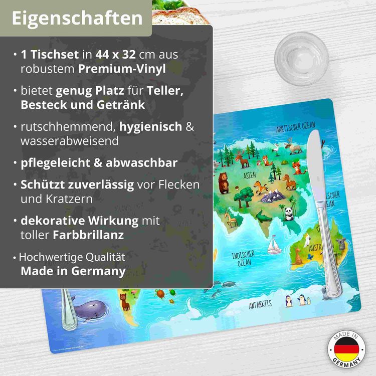 Produktbild: Tischsetmacher Tischset f&uuml;r Kinder Weltkarte in deutsch mit vielen Tieren, aus hochwertigem Vinyl , 44 x 30 cm