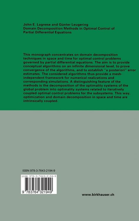 Produktbild: Domain Decomposition Methods in Optimal Control of Partial Differential Equations