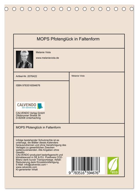 Produktbild: MOPS Pfotengl&uuml;ck in Faltenform (Tischkalender 2026 DIN A5 hoch), CALVENDO Monatskalender