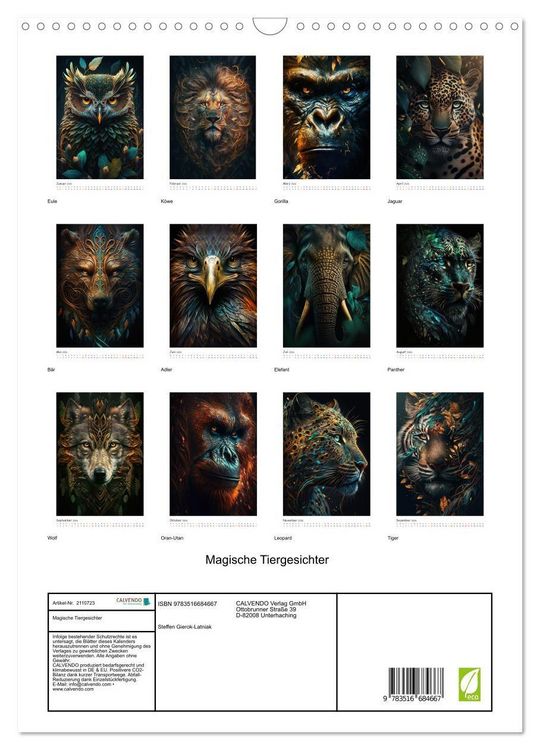 Produktbild: Magische Tiergesichter (Wandkalender 2026 DIN A3 hoch), CALVENDO Monatskalender