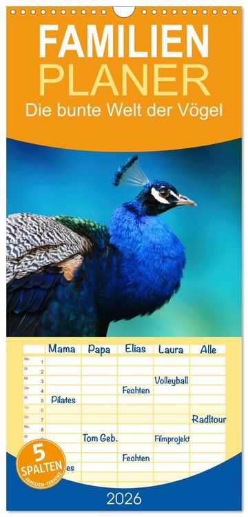 Produktbild: Familienplaner 2026 - Die bunte Welt der V&ouml;gel mit 5 Spalten (Wandkalender, 21 x 45 cm) CALVENDO