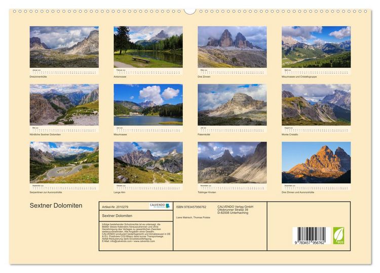 Produktbild: Sextner Dolomiten (hochwertiger Premium Wandkalender 2026 DIN A2 quer), Kunstdruck in Hochglanz