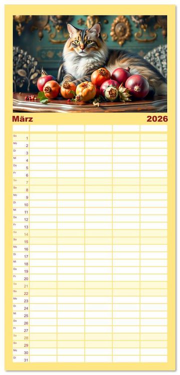 Produktbild: Familienplaner 2026 - Klassische Katzenportr&auml;ts - Katzen in opulenten Stillleben mit 5 Spalten (Wandkalender, 21 x 45 cm) CALVENDO