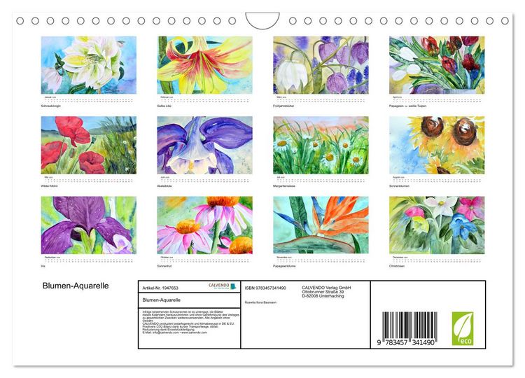 Produktbild: Blumen-Aquarelle (Wandkalender 2026 DIN A4 quer), CALVENDO Monatskalender