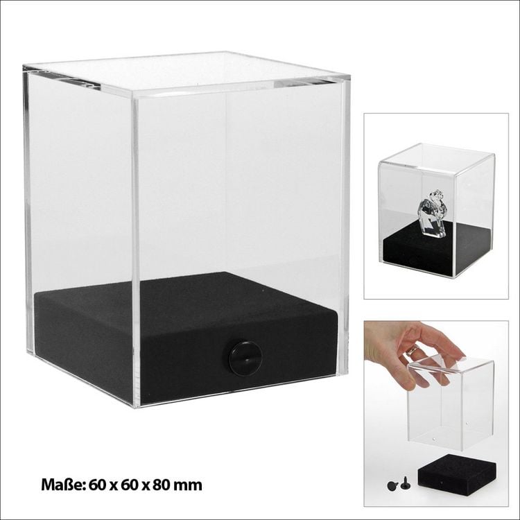 Produktbild: Hochwertige Acryl-Box, Format ca. 60 x 60 x 80 mm, mit edlem schwarzen Sockel, zum Verschrauben f&uuml;r besseren Halt. Design-St&uuml;ck f&uuml;r hochwertige Sammelobjekte, Mineralien, Schmuck etc.