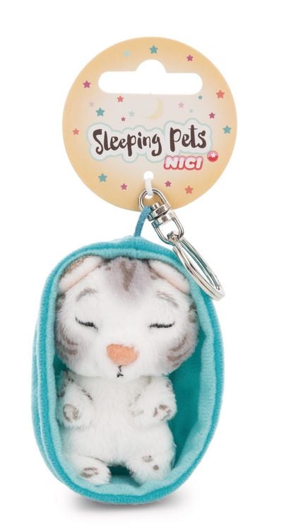 Produktbild: NICI - Schl&uuml;sselanh&auml;nger Sleeping Pets Schneeleopard 8cm K&ouml;rbchen blau an Header Karte
