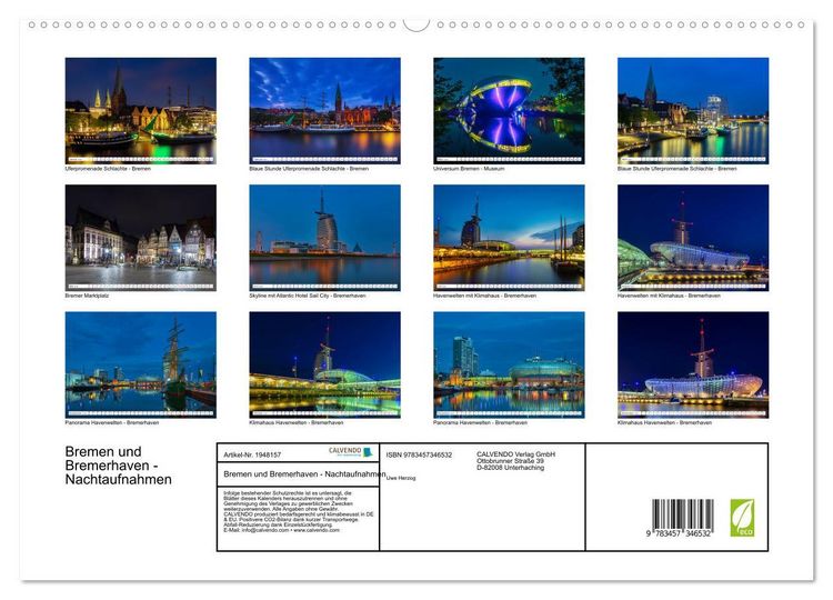 Produktbild: Bremen und Bremerhaven - Nachtaufnahmen (hochwertiger Premium Wandkalender 2026 DIN A2 quer), Kunstdruck in Hochglanz