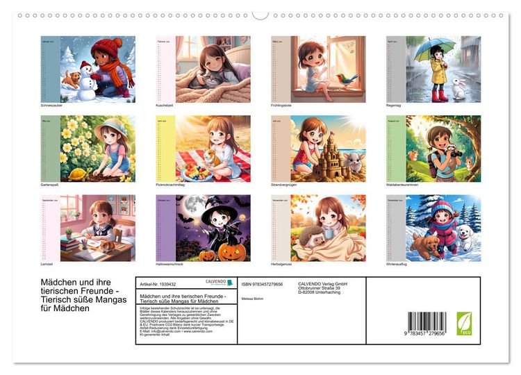 Produktbild: M&auml;dchen und ihre tierischen Freunde - Tierisch s&uuml;&szlig;e Mangas f&uuml;r M&auml;dchen (hochwertiger Premium Wandkalender 2026 DIN A2 quer), Kunstdruck in Hochglanz