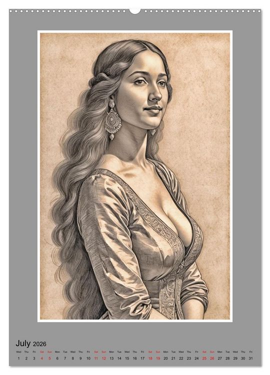 Produktbild: Baroque Beauties, Pencil Art with Artificial Intelligence (Wall Calendar 2026 DIN A2 portrait), CALVENDO 12 Month Wall Calendar