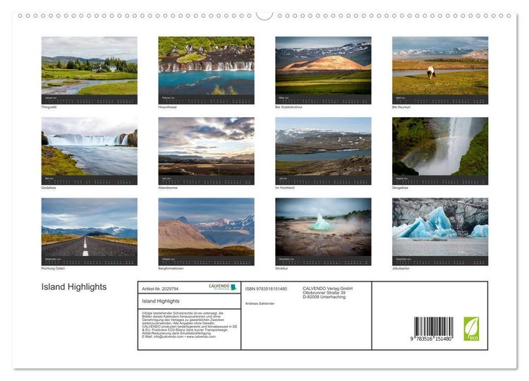 Produktbild: Island Highlights (hochwertiger Premium Wandkalender 2026 DIN A2 quer), Kunstdruck in Hochglanz