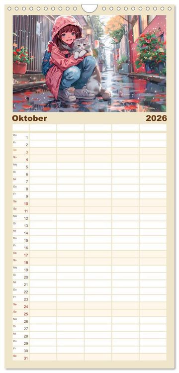 Produktbild: Familienplaner 2026 - Tierische Anime-Freunde - Fr&ouml;hliche Streifz&uuml;ge mit Hund und Katze mit 5 Spalten (Wandkalender, 21 x 45 cm) CALVENDO