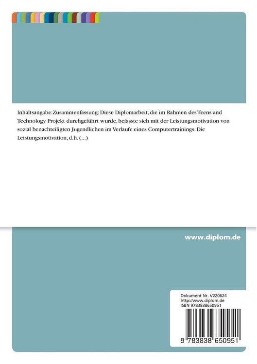 Produktbild: Leistungsmotivation bei sozial benachteiligten Jugendlichen im Verlauf eines Computertrainings