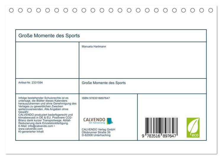 Produktbild: Gro&szlig;e Momente des Sports (Tischkalender 2027 DIN A5 quer), CALVENDO Monatskalender