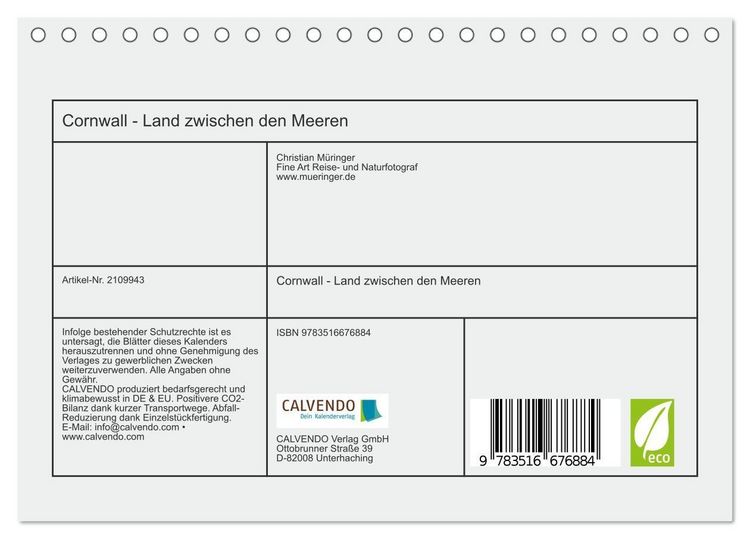 Produktbild: Cornwall - Land zwischen den Meeren (Tischkalender 2026 DIN A5 quer), CALVENDO Monatskalender