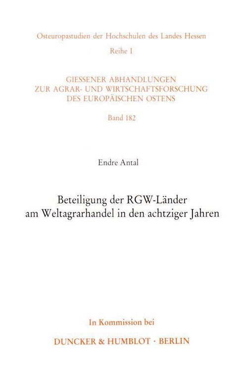 Produktbild: Beteiligung der RGW-L&auml;nder am Weltagrarhandel in den achtziger Jahren.