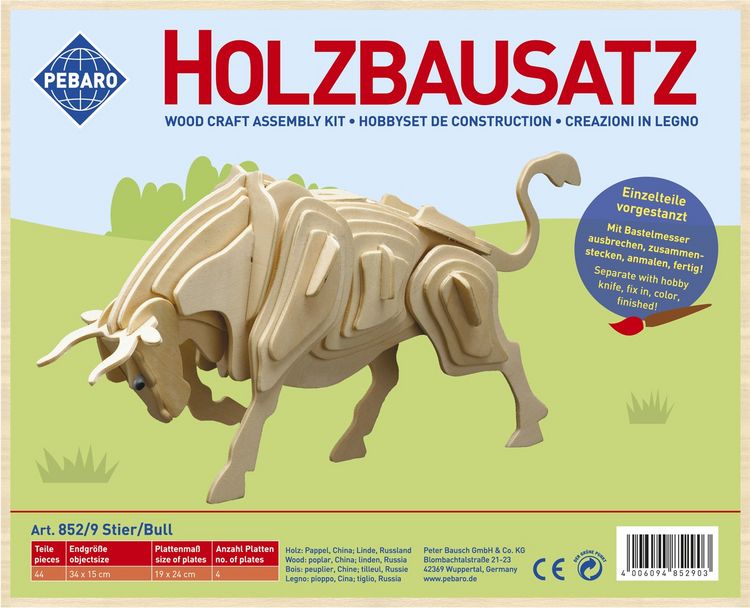 Produktbild: PEBARO 852/9 - Holzbausatz Stier, 44 Teile, Holzkonstruktion zum Zusammenstecken