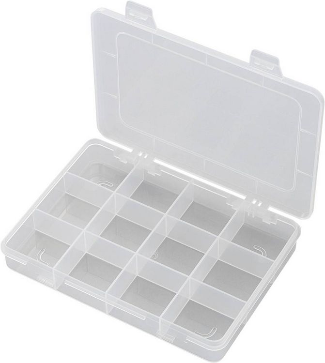 Produktbild: TRU COMPONENTS E-110 Sortimentskasten (L x B x H) 184 x 124 x 25 mm Anzahl F&auml;cher: 12 feste Unterteilung Inhalt 1 St.