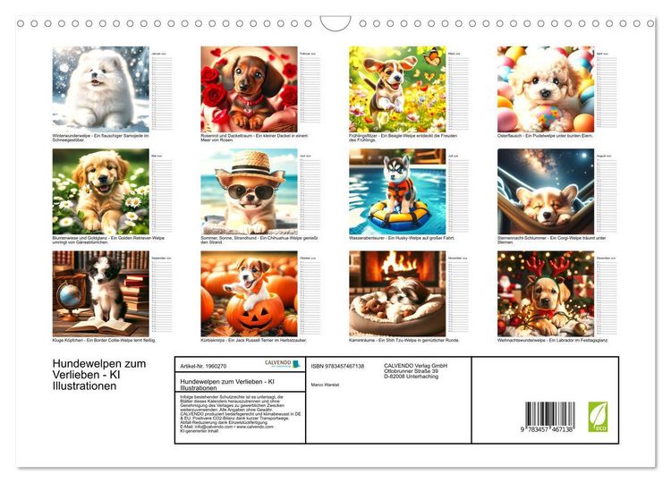 Produktbild: Hundewelpen zum Verlieben - KI Illustrationen (Wandkalender 2026 DIN A3 quer), CALVENDO Monatskalender