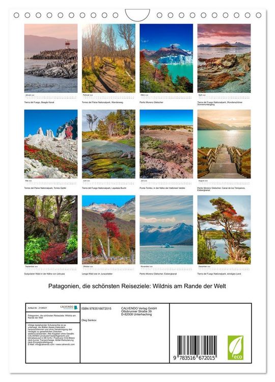 Produktbild: Patagonien, die sch&ouml;nsten Reiseziele: Wildnis am Rande der Welt (Wandkalender 2026 DIN A4 hoch), CALVENDO Monatskalender