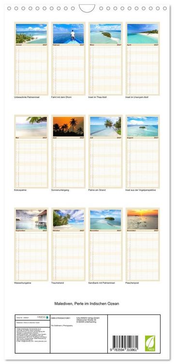 Produktbild: Familienplaner 2027 - Malediven, Perle im Indischen Ozean mit 5 Spalten (Wandkalender, 21 x 45 cm) CALVENDO