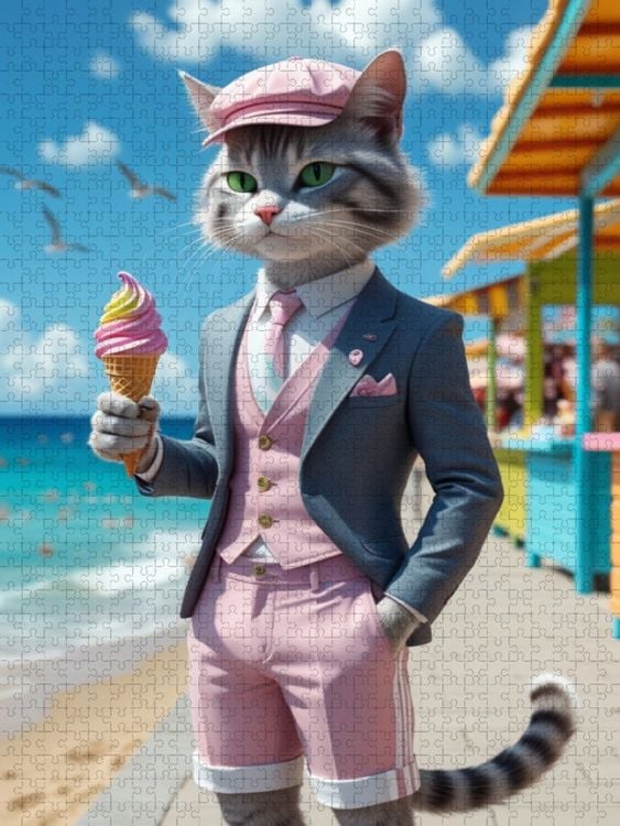 Produktbild: CALVENDO Puzzle Kater mit Eis im Sommeranzug - stilvolles Katzenmotiv am Strand | 2000 Teile Lege-Gr&ouml;&szlig;e 90x67cm Foto-Puzzle f&uuml;r gl&uuml;ckliche Stunden