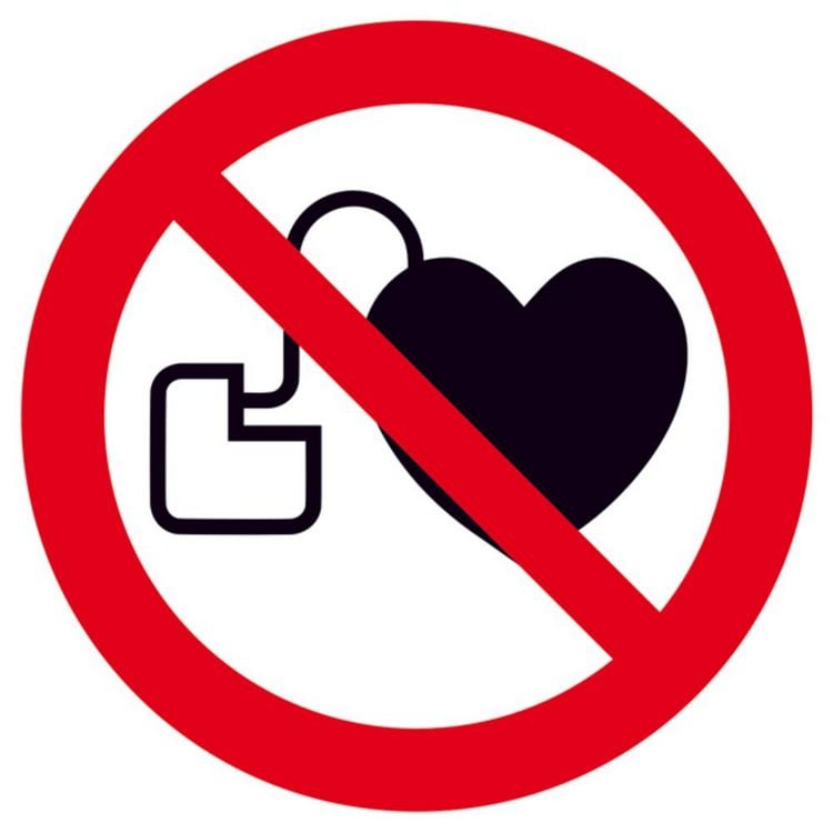 Produktbild: Verbotsschild Kein Zutritt f&uuml;r Personen mit Herzschrittmachern oder implantierten Defibrillatoren Folie selbstklebend (&Oslash;) 100 mm ISO 7010 1 St.