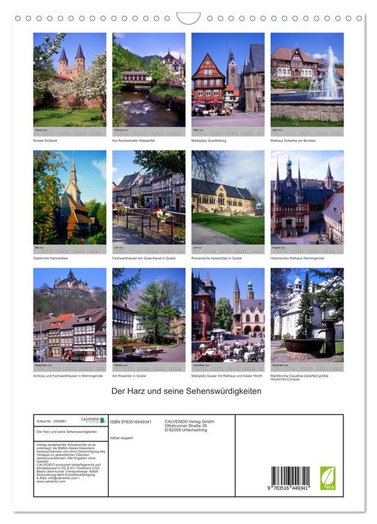 Produktbild: Der Harz und seine Sehensw&uuml;rdigkeiten (Wandkalender 2026 DIN A3 hoch), CALVENDO Monatskalender