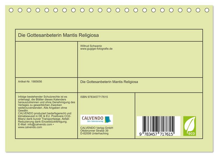 Produktbild: Die Gottesanbeterin Mantis Religiosa (Tischkalender 2026 DIN A5 quer), CALVENDO Monatskalender