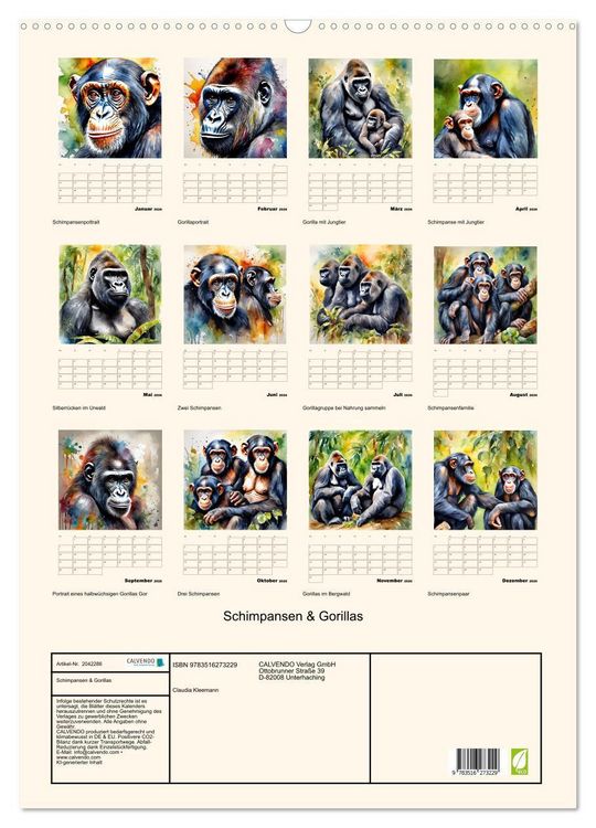 Produktbild: Schimpansen & Gorillas (Wandkalender 2026 DIN A2 hoch), CALVENDO Monatskalender