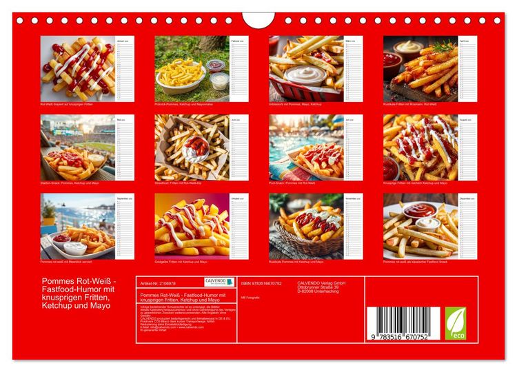Produktbild: Pommes Rot-Wei&szlig; - Fastfood-Humor mit knusprigen Fritten, Ketchup und Mayo (Wandkalender 2026 DIN A4 quer), CALVENDO Monatskalender