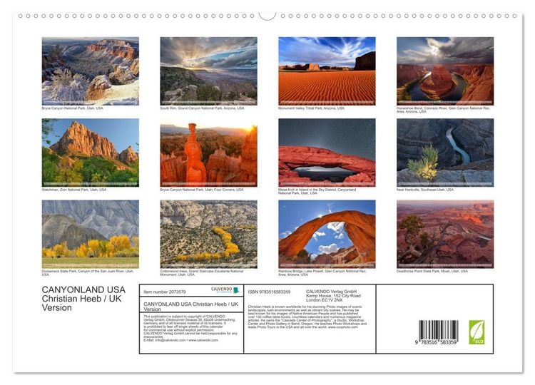 Produktbild: CANYONLAND USA Christian Heeb / UK Version (High Quality Premium Wall Calendar 2026 DIN A2 landscape),CALVENDO 12 Month Wall Calendar